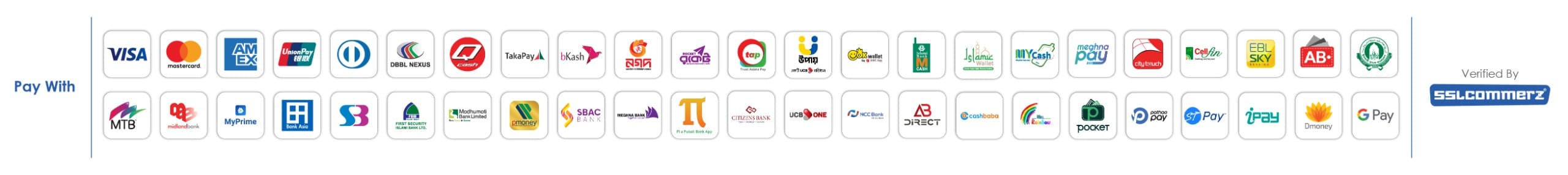 Pay with Visa, Mastercard, bKash and more. Verified by SSLCOMMERZ